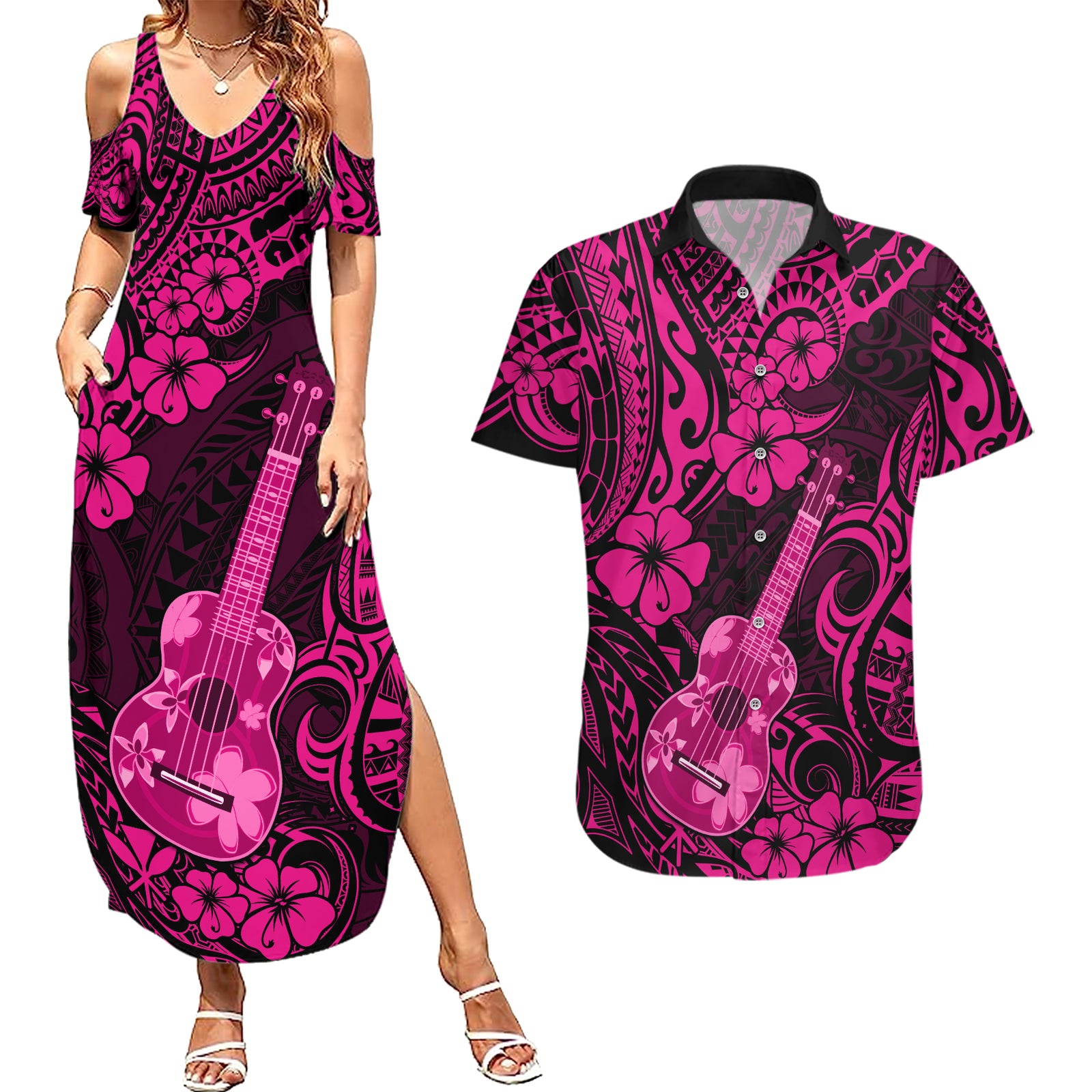 Hawaii Ukulele Couples Matching Summer Maxi Dress and Hawaiian Shirt Polynesian Pattern Pink Version LT01 Pink - Polynesian Pride