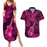 Hawaii Ukulele Couples Matching Summer Maxi Dress and Hawaiian Shirt Polynesian Pattern Pink Version LT01 Pink - Polynesian Pride