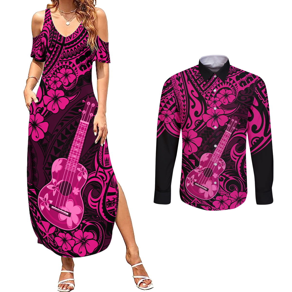 Hawaii Ukulele Couples Matching Summer Maxi Dress and Long Sleeve Button Shirts Polynesian Pattern Pink Version LT01 Pink - Polynesian Pride