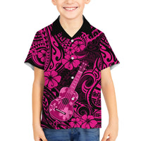 Hawaii Ukulele Family Matching Off Shoulder Long Sleeve Dress and Hawaiian Shirt Polynesian Pattern Pink Version LT01 Son's Shirt Pink - Polynesian Pride