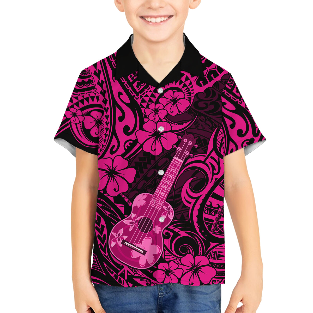Hawaii Ukulele Family Matching Off Shoulder Short Dress and Hawaiian Shirt Polynesian Pattern Pink Version LT01 Son's Shirt Pink - Polynesian Pride