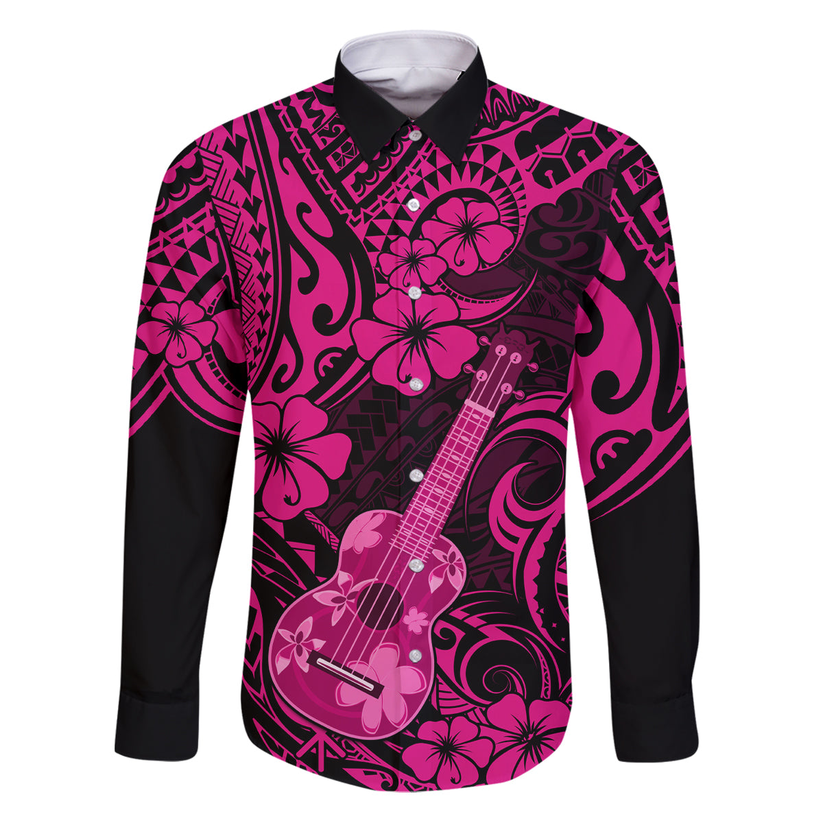Hawaii Ukulele Family Matching Puletasi Dress and Hawaiian Shirt Polynesian Pattern Pink Version LT01 Dad's Shirt - Long Sleeve Pink - Polynesian Pride
