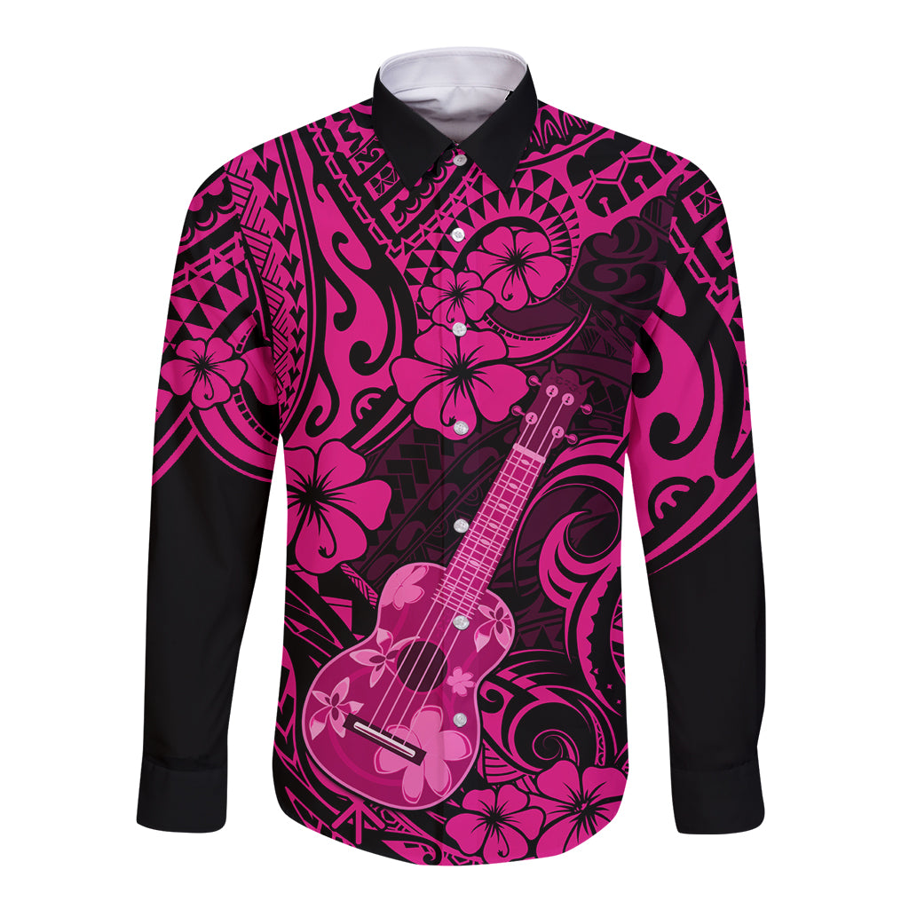Hawaii Ukulele Long Sleeve Button Shirt Polynesian Pattern Pink Version LT01 Unisex Pink - Polynesian Pride