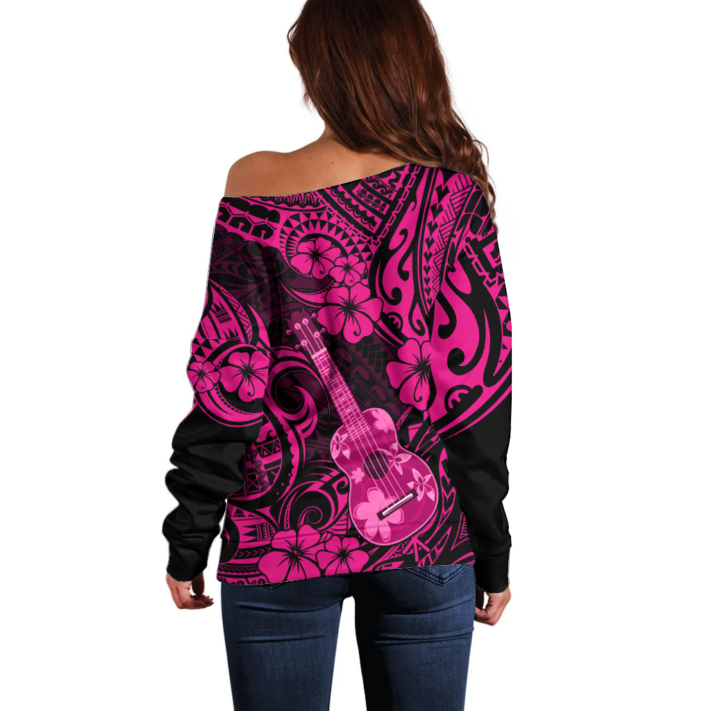 Hawaii Ukulele Off Shoulder Sweater Polynesian Pattern Pink Version LT01 - Polynesian Pride