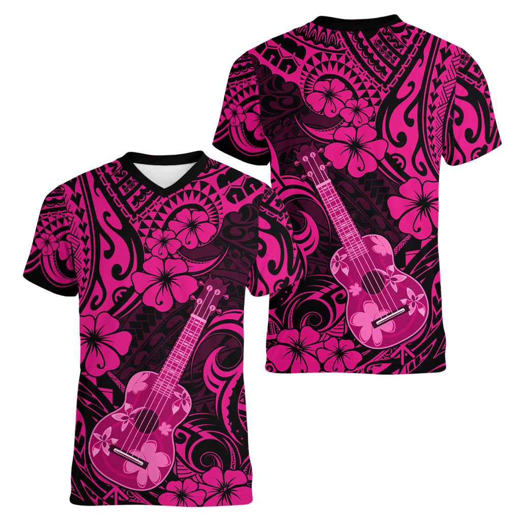 Hawaii Ukulele Women V Neck T Shirt Polynesian Pattern Pink Version LT01 - Polynesian Pride