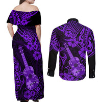 Hawaii Ukulele Couples Matching Off Shoulder Maxi Dress and Long Sleeve Button Shirts Polynesian Pattern Purple Version LT01 - Polynesian Pride