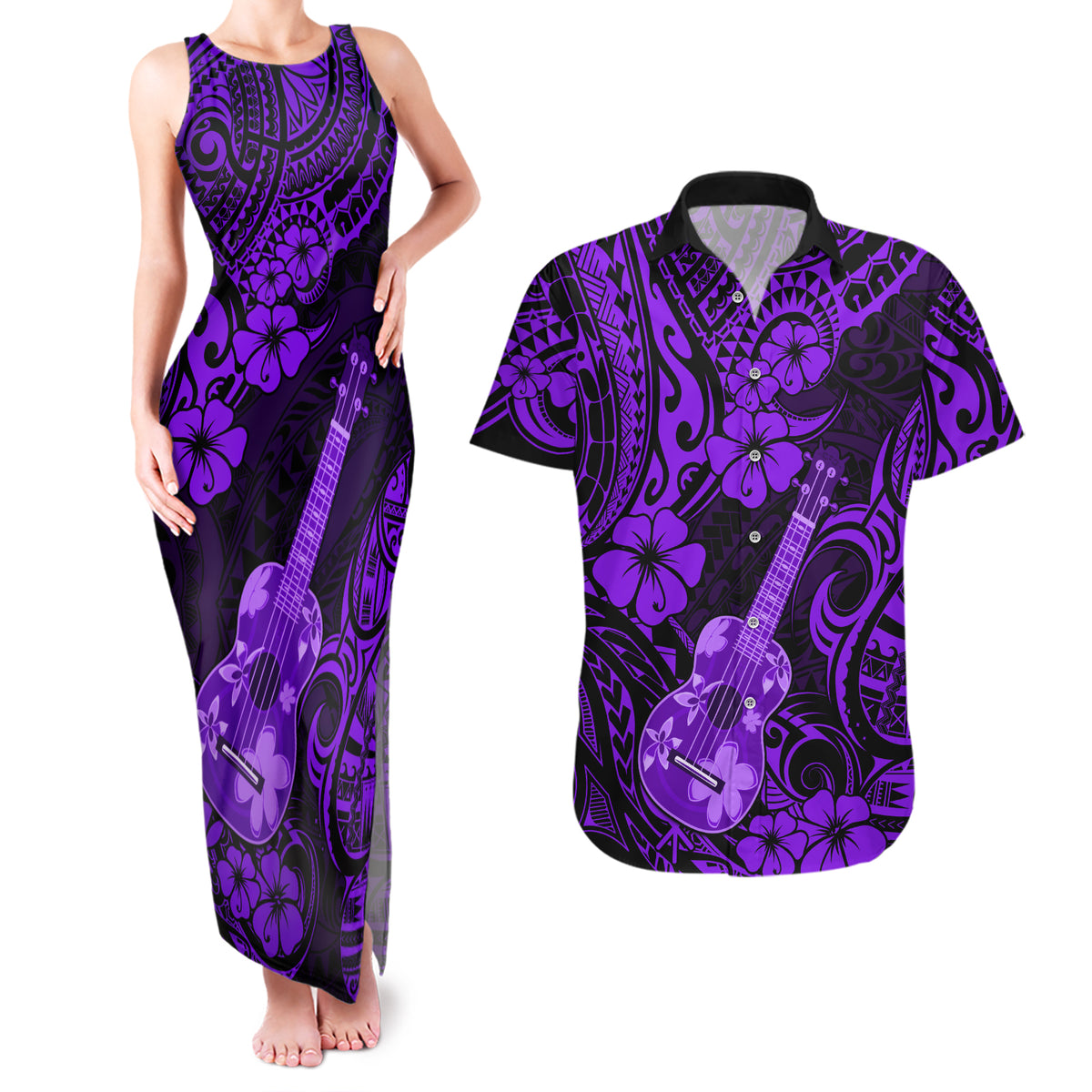 Hawaii Ukulele Couples Matching Tank Maxi Dress and Hawaiian Shirt Polynesian Pattern Purple Version LT01 Purple - Polynesian Pride