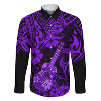 Hawaii Ukulele Family Matching Off Shoulder Long Sleeve Dress and Hawaiian Shirt Polynesian Pattern Purple Version LT01 Dad's Shirt - Long Sleeve Purple - Polynesian Pride