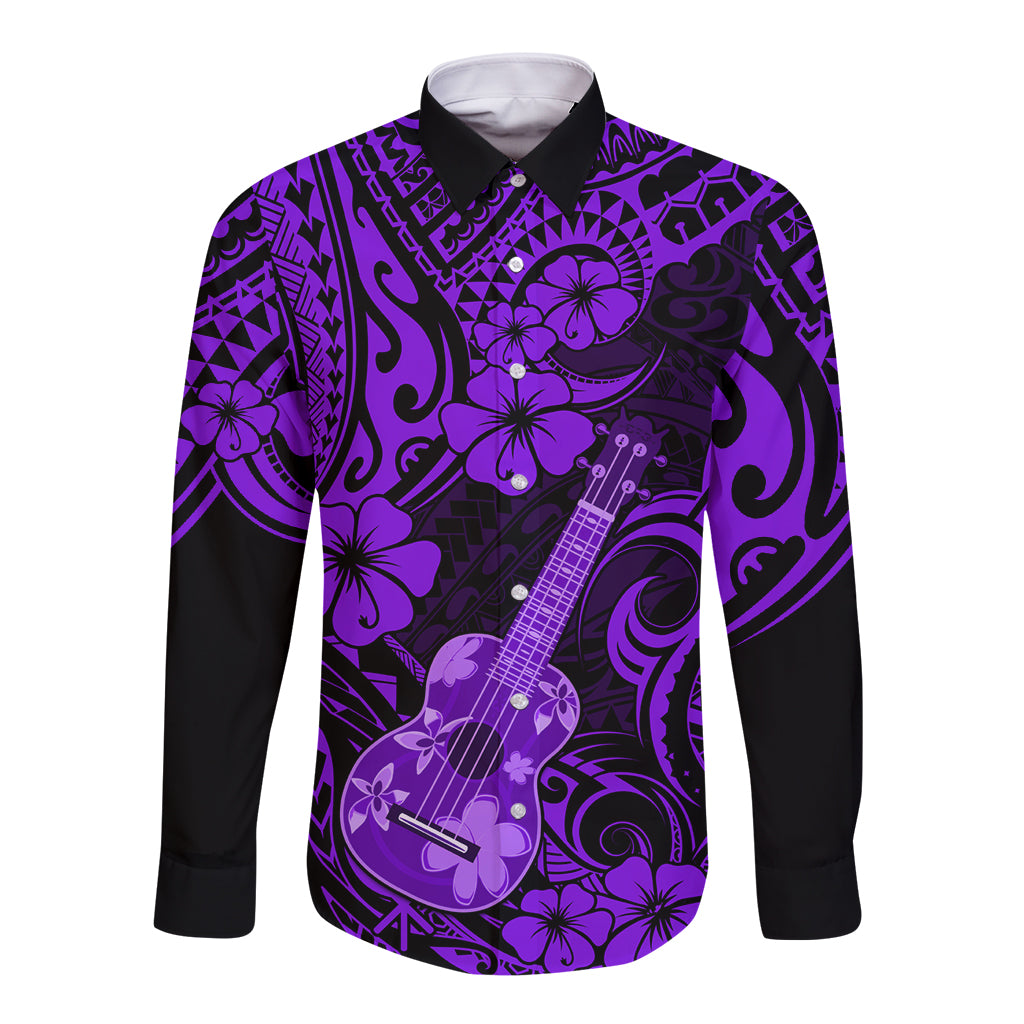Hawaii Ukulele Long Sleeve Button Shirt Polynesian Pattern Purple Version LT01 Unisex Purple - Polynesian Pride