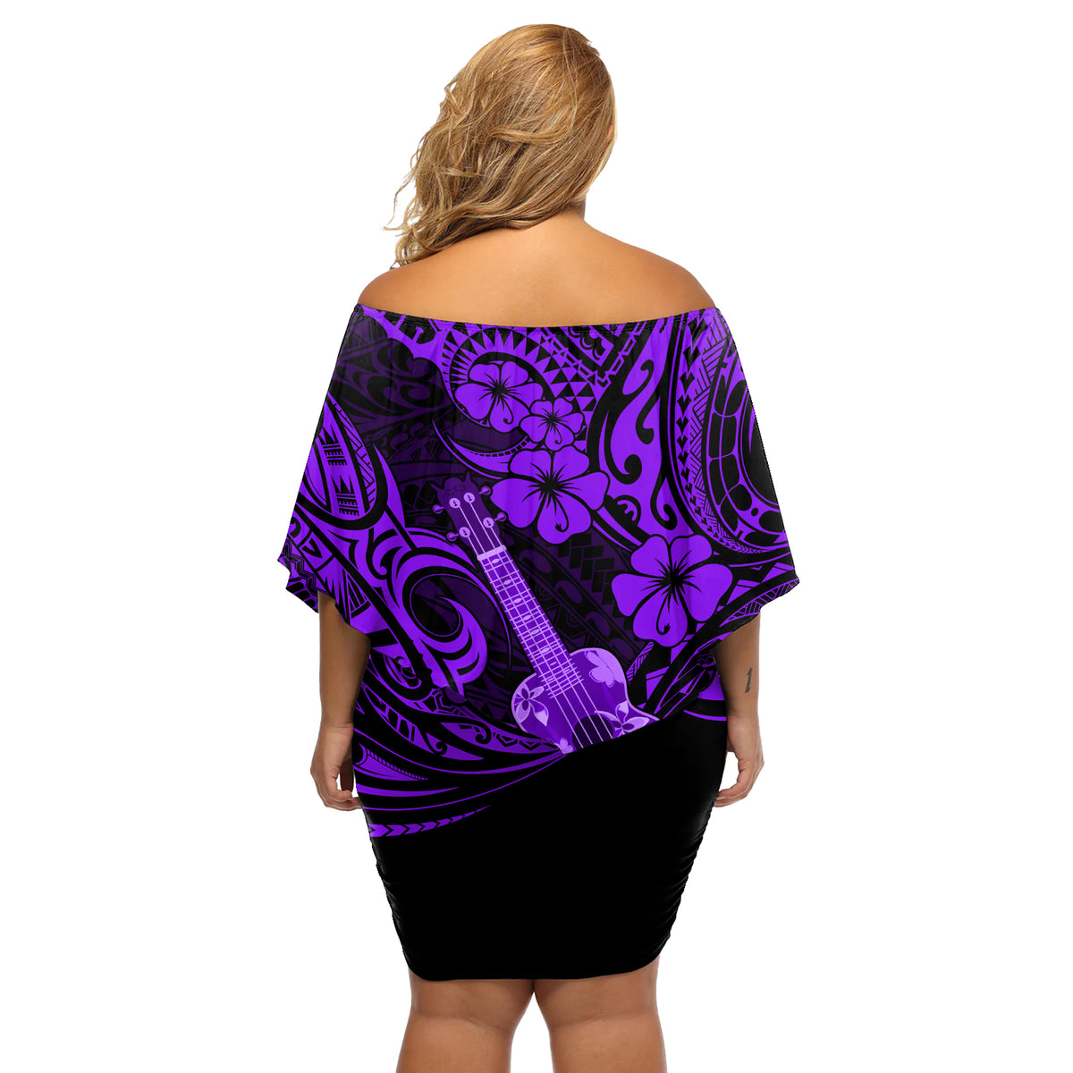 Hawaii Ukulele Off Shoulder Short Dress Polynesian Pattern Purple Version LT01 - Polynesian Pride