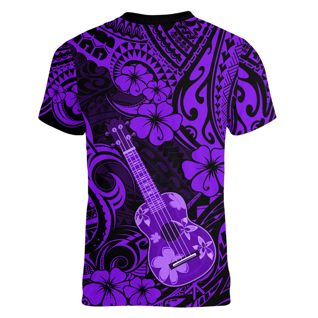 Hawaii Ukulele Women V Neck T Shirt Polynesian Pattern Purple Version LT01 - Polynesian Pride