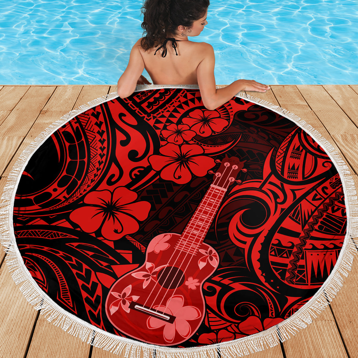 Hawaii Ukulele Beach Blanket Polynesian Pattern Red Version LT01 - Wonder Print Shop