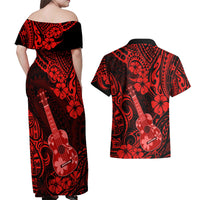 Hawaii Ukulele Couples Matching Off Shoulder Maxi Dress and Hawaiian Shirt Polynesian Pattern Red Version LT01 - Polynesian Pride