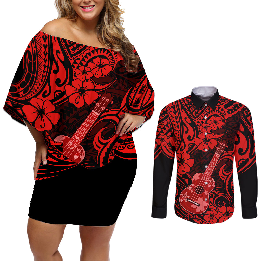 Hawaii Ukulele Couples Matching Off Shoulder Short Dress and Long Sleeve Button Shirts Polynesian Pattern Red Version LT01 Red - Polynesian Pride