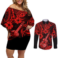 Hawaii Ukulele Couples Matching Off Shoulder Short Dress and Long Sleeve Button Shirts Polynesian Pattern Red Version LT01 Red - Polynesian Pride