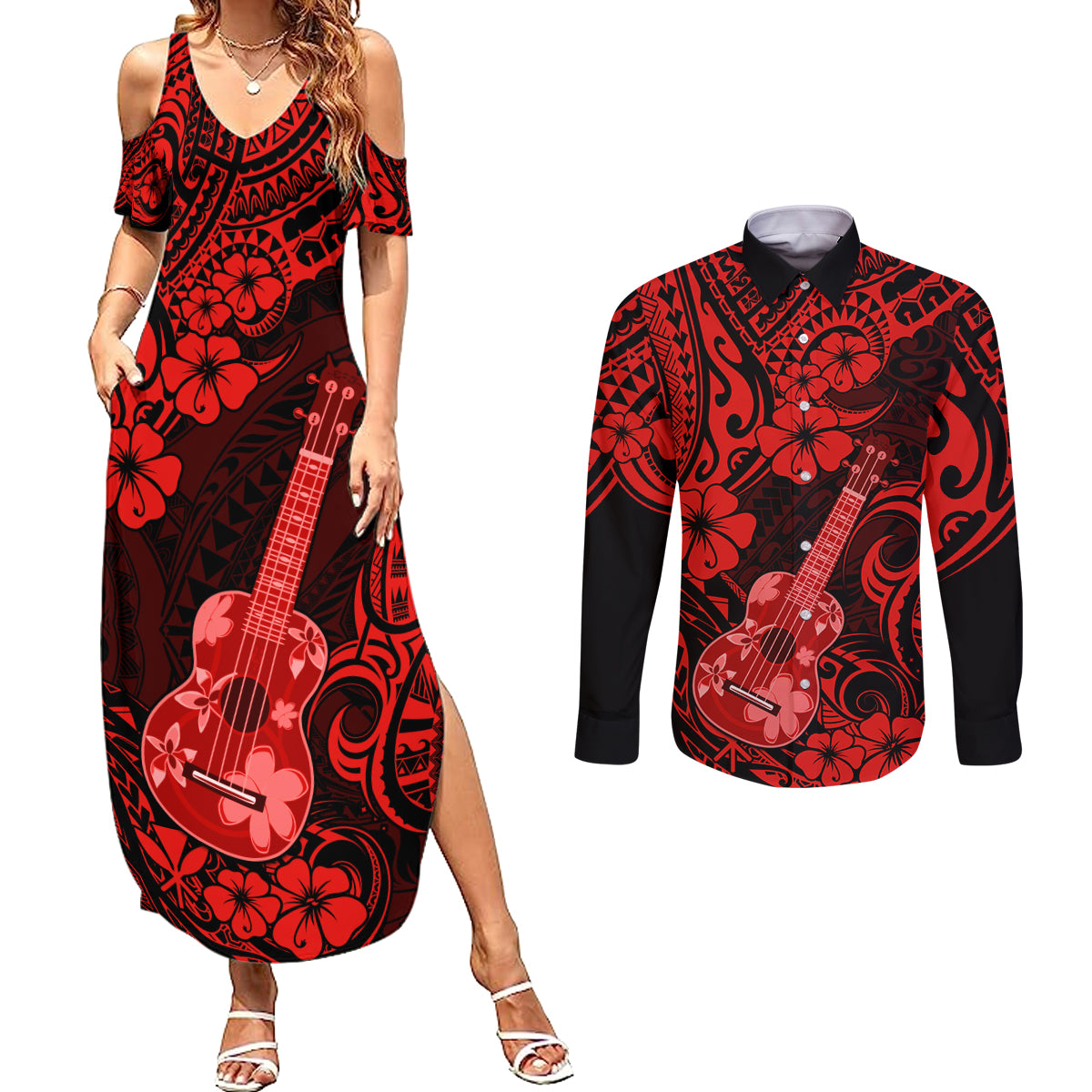 Hawaii Ukulele Couples Matching Summer Maxi Dress and Long Sleeve Button Shirts Polynesian Pattern Red Version LT01 Red - Polynesian Pride