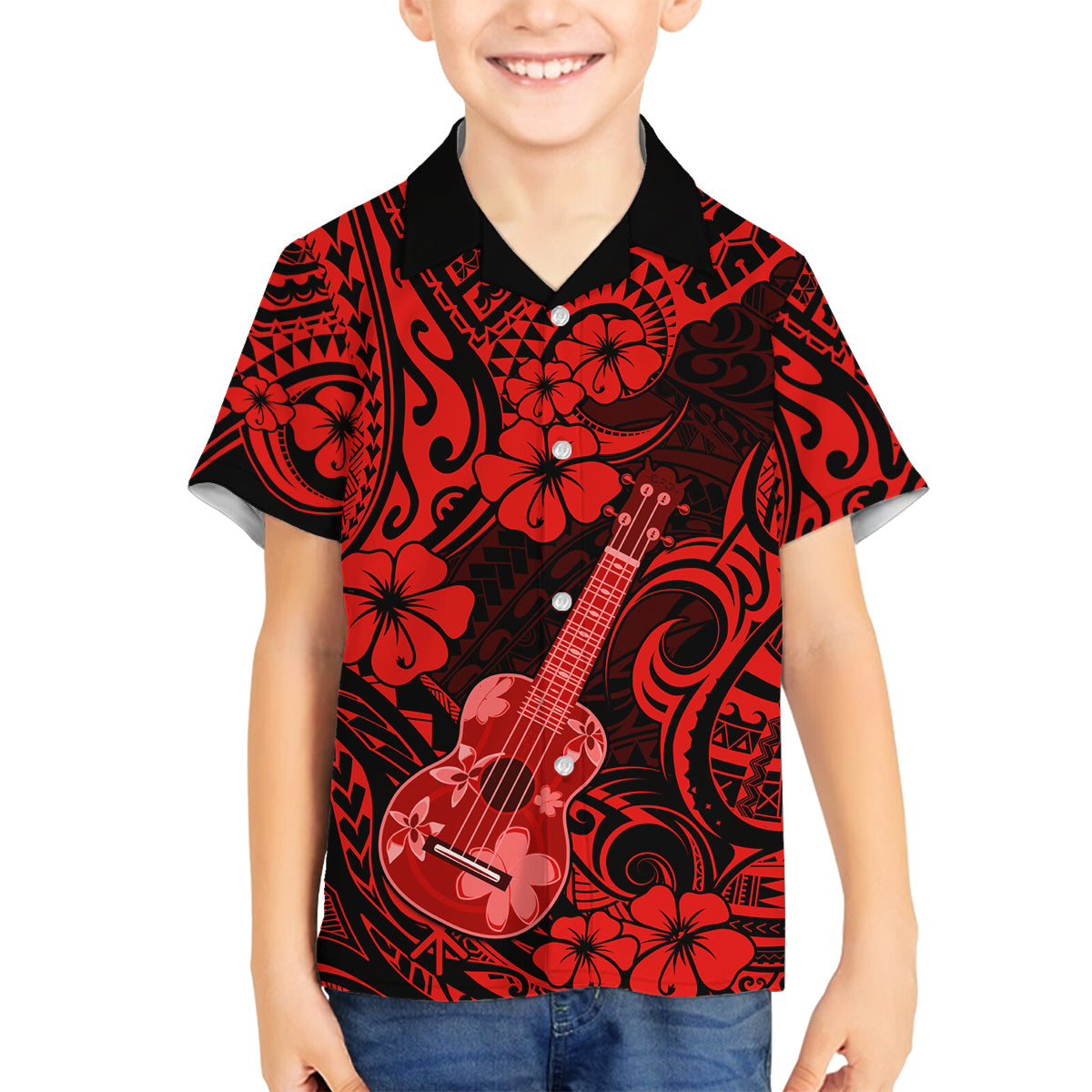 Hawaii Ukulele Family Matching Long Sleeve Bodycon Dress and Hawaiian Shirt Polynesian Pattern Red Version LT01 Son's Shirt Red - Polynesian Pride
