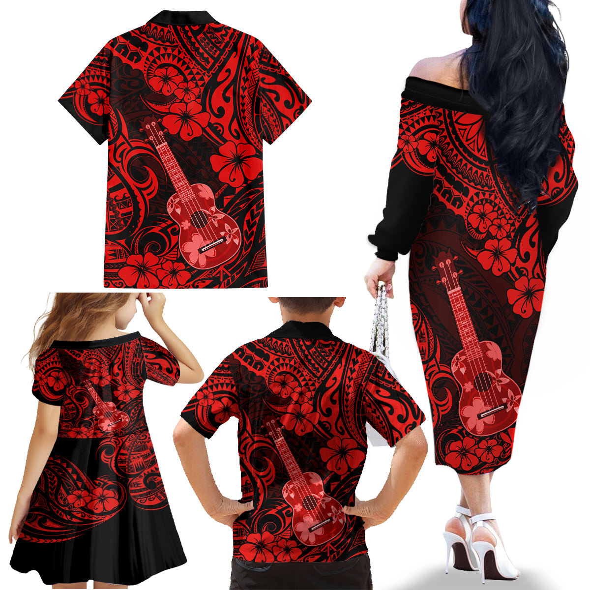Hawaii Ukulele Family Matching Off Shoulder Long Sleeve Dress and Hawaiian Shirt Polynesian Pattern Red Version LT01 - Polynesian Pride