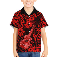 Hawaii Ukulele Family Matching Off Shoulder Long Sleeve Dress and Hawaiian Shirt Polynesian Pattern Red Version LT01 Son's Shirt Red - Polynesian Pride