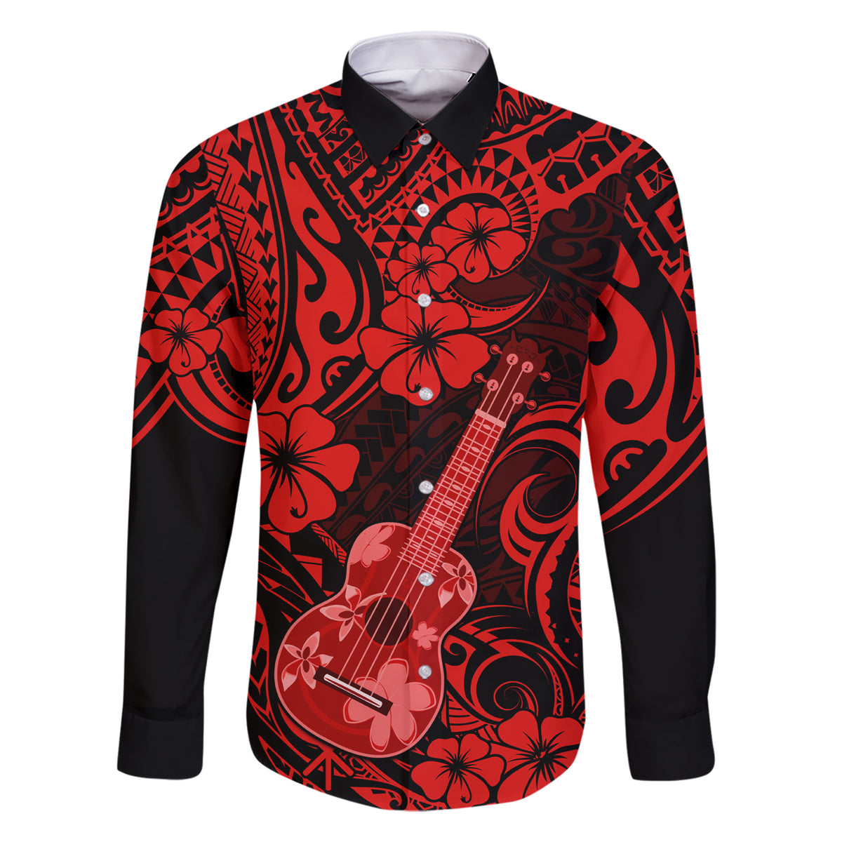 Hawaii Ukulele Family Matching Short Sleeve Bodycon Dress and Hawaiian Shirt Polynesian Pattern Red Version LT01 Dad's Shirt - Long Sleeve Red - Polynesian Pride