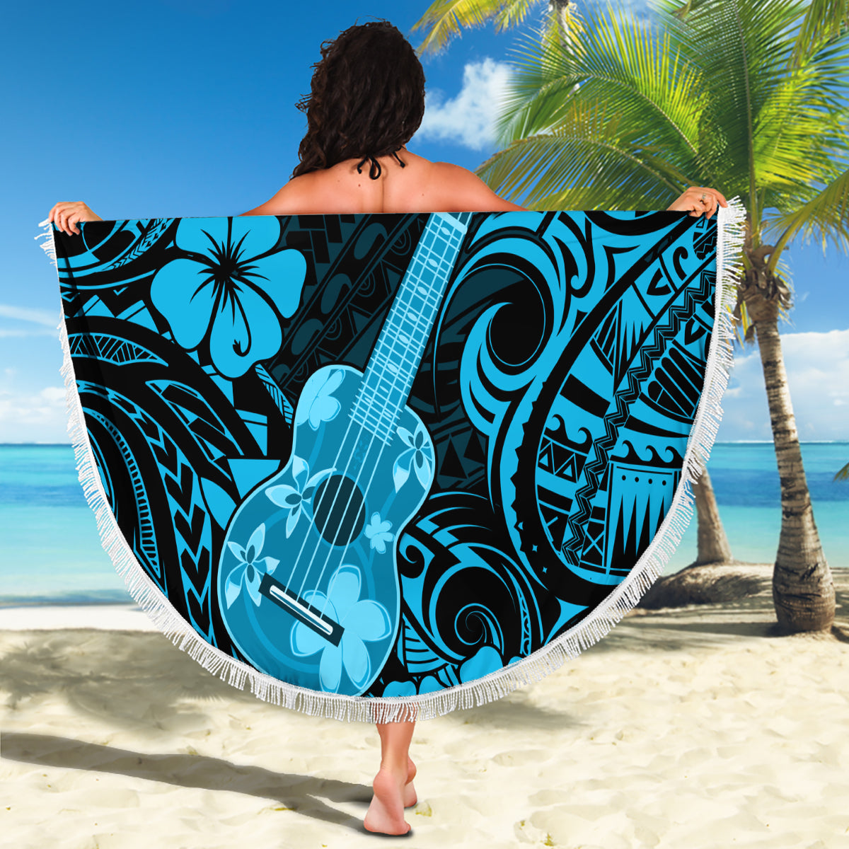 Hawaii Ukulele Beach Blanket Polynesian Pattern Sky Blue Version LT01 - Wonder Print Shop