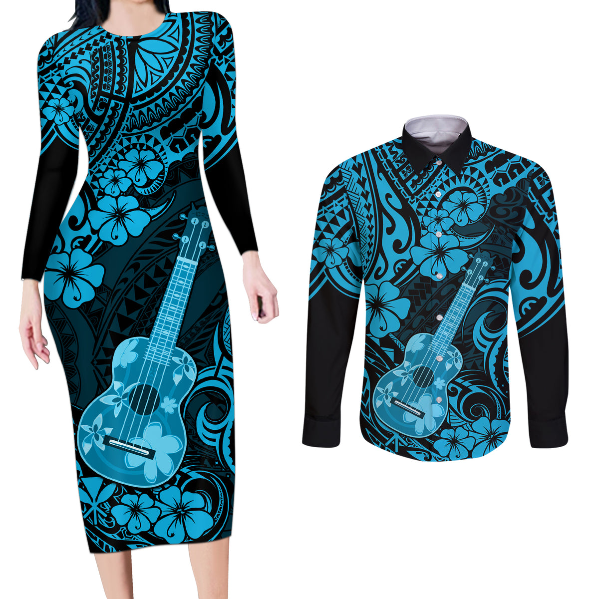 Hawaii Ukulele Couples Matching Long Sleeve Bodycon Dress and Long Sleeve Button Shirts Polynesian Pattern Sky Blue Version LT01 Blue - Polynesian Pride