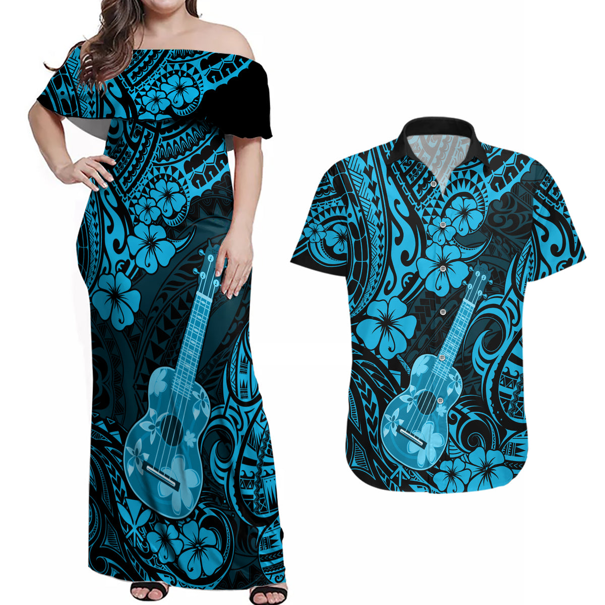 Hawaii Ukulele Couples Matching Off Shoulder Maxi Dress and Hawaiian Shirt Polynesian Pattern Sky Blue Version LT01 Blue - Polynesian Pride