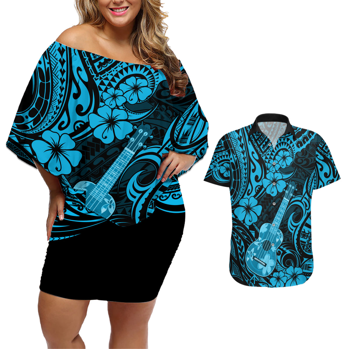 Hawaii Ukulele Couples Matching Off Shoulder Short Dress and Hawaiian Shirt Polynesian Pattern Sky Blue Version LT01 Blue - Polynesian Pride