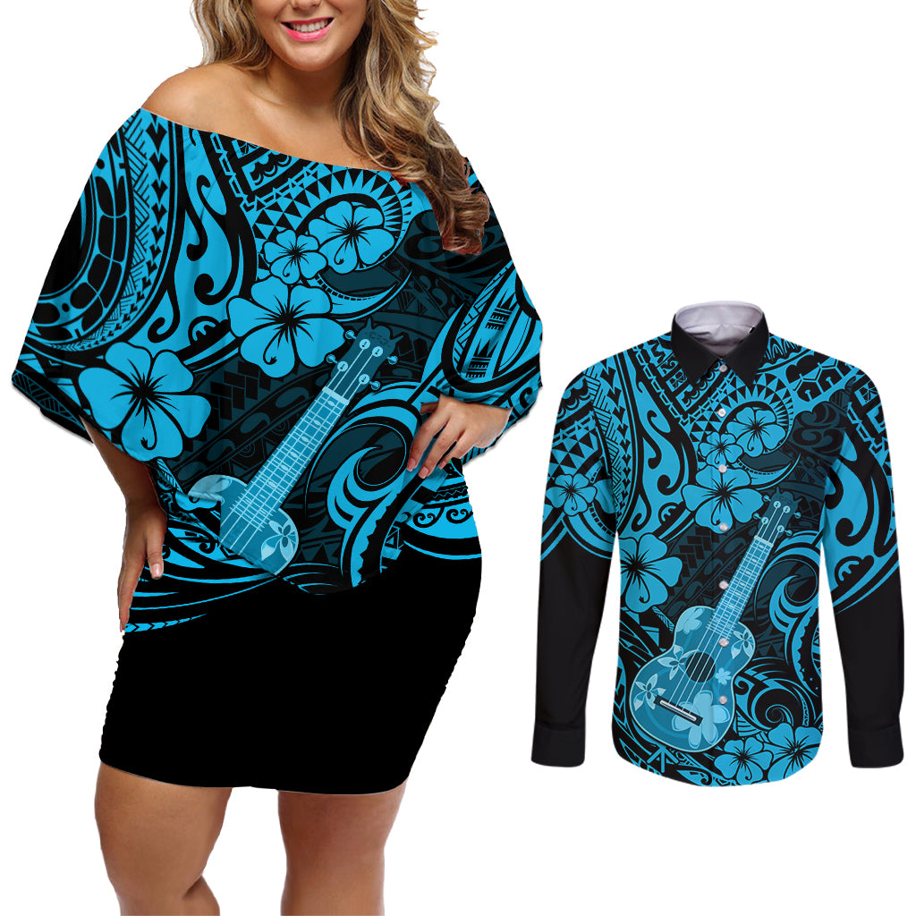 Hawaii Ukulele Couples Matching Off Shoulder Short Dress and Long Sleeve Button Shirts Polynesian Pattern Sky Blue Version LT01 Blue - Polynesian Pride