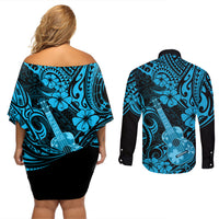 Hawaii Ukulele Couples Matching Off Shoulder Short Dress and Long Sleeve Button Shirts Polynesian Pattern Sky Blue Version LT01 - Polynesian Pride
