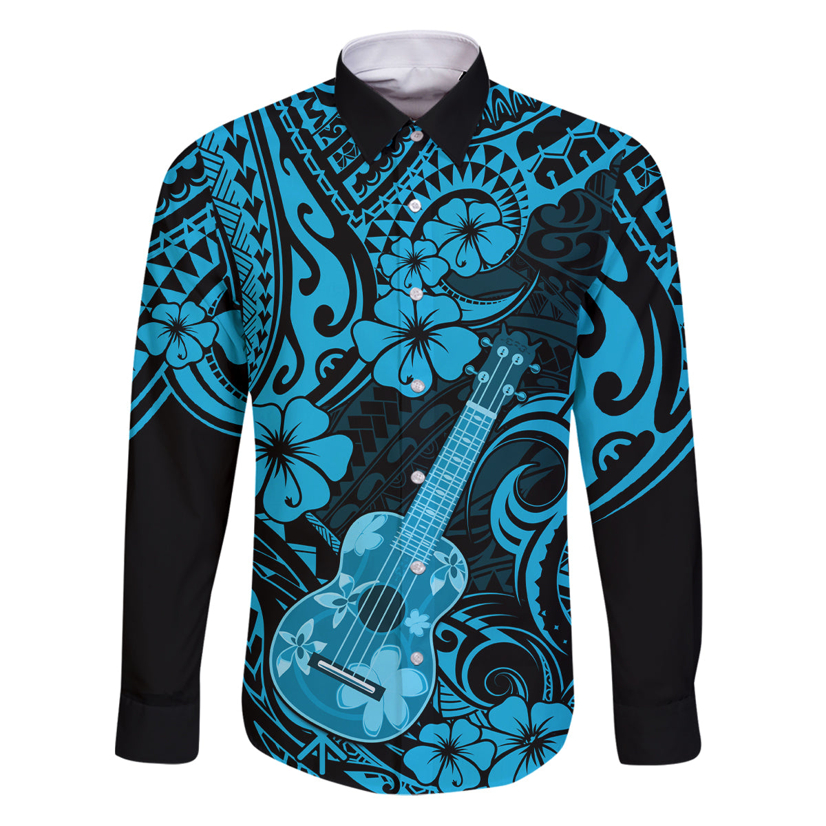 Hawaii Ukulele Family Matching Puletasi Dress and Hawaiian Shirt Polynesian Pattern Sky Blue Version LT01 Dad's Shirt - Long Sleeve Blue - Polynesian Pride