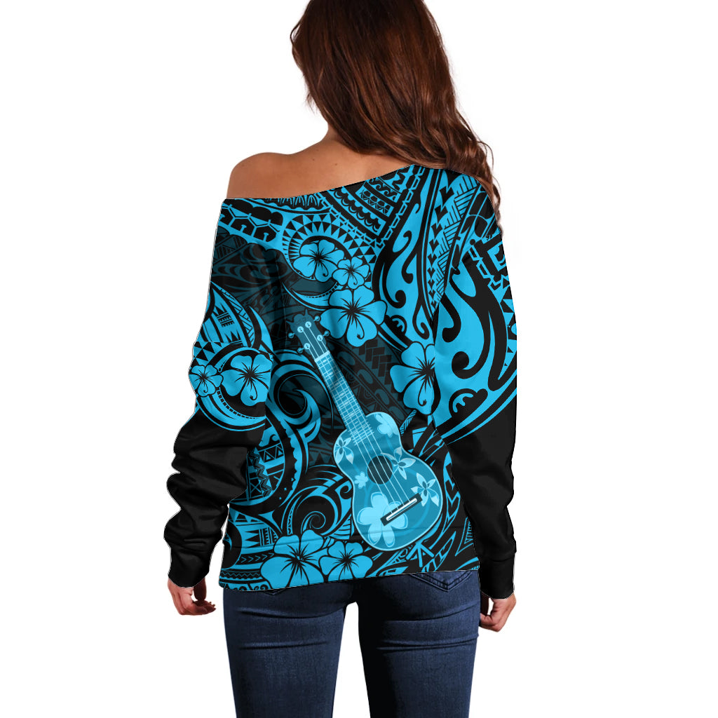 Hawaii Ukulele Off Shoulder Sweater Polynesian Pattern Sky Blue Version LT01 - Polynesian Pride