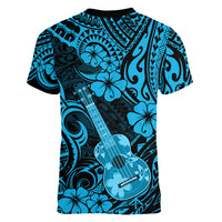 Hawaii Ukulele Women V Neck T Shirt Polynesian Pattern Sky Blue Version LT01 - Polynesian Pride