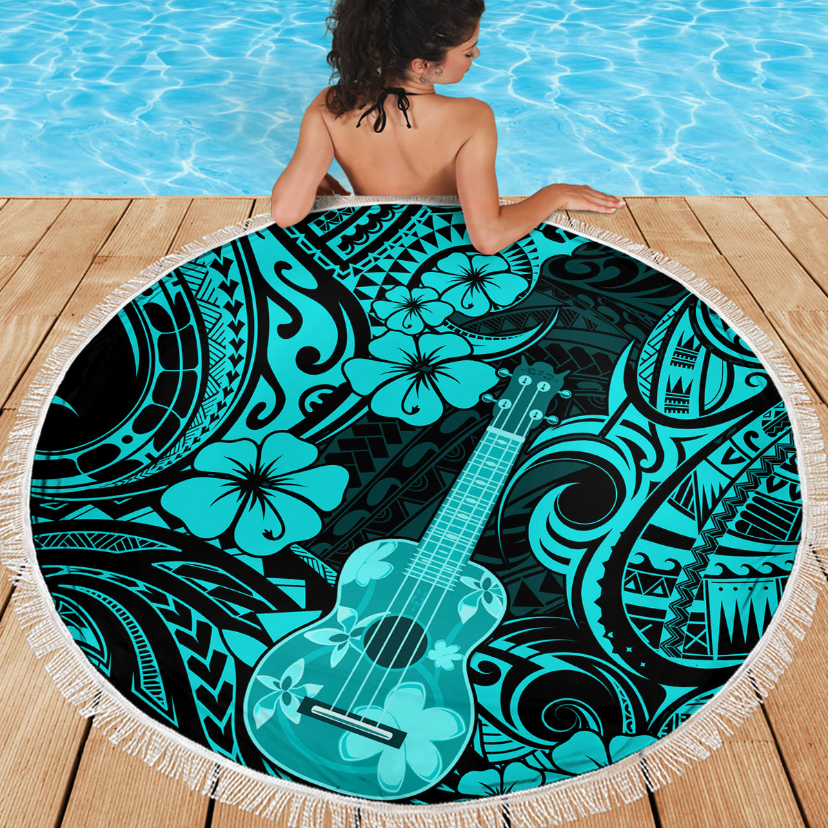 Hawaii Ukulele Beach Blanket Polynesian Pattern Turquoise Version LT01 - Wonder Print Shop