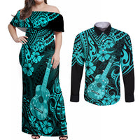 Hawaii Ukulele Couples Matching Off Shoulder Maxi Dress and Long Sleeve Button Shirts Polynesian Pattern Turquoise Version LT01 Turquoise - Polynesian Pride