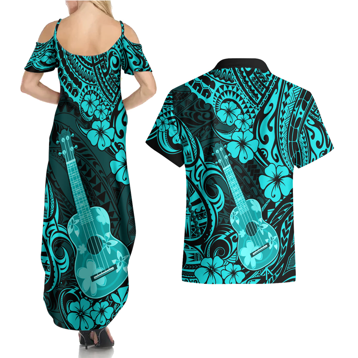 Hawaii Ukulele Couples Matching Summer Maxi Dress and Hawaiian Shirt Polynesian Pattern Turquoise Version LT01 - Polynesian Pride