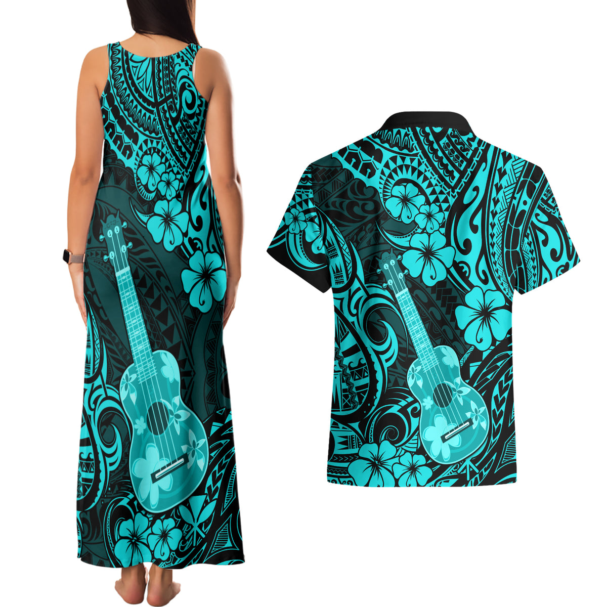 Hawaii Ukulele Couples Matching Tank Maxi Dress and Hawaiian Shirt Polynesian Pattern Turquoise Version LT01 - Polynesian Pride