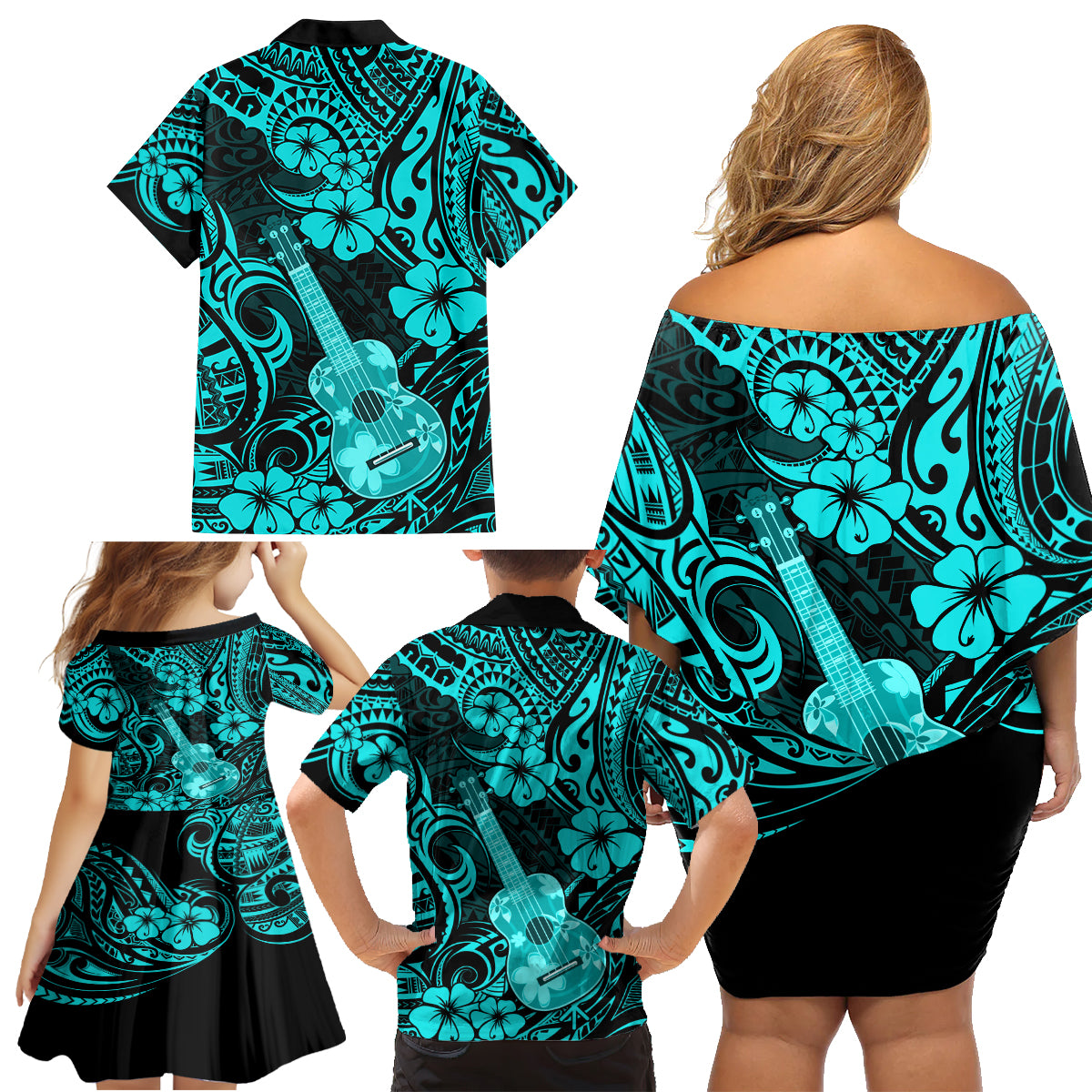 Hawaii Ukulele Family Matching Off Shoulder Short Dress and Hawaiian Shirt Polynesian Pattern Turquoise Version LT01 - Polynesian Pride
