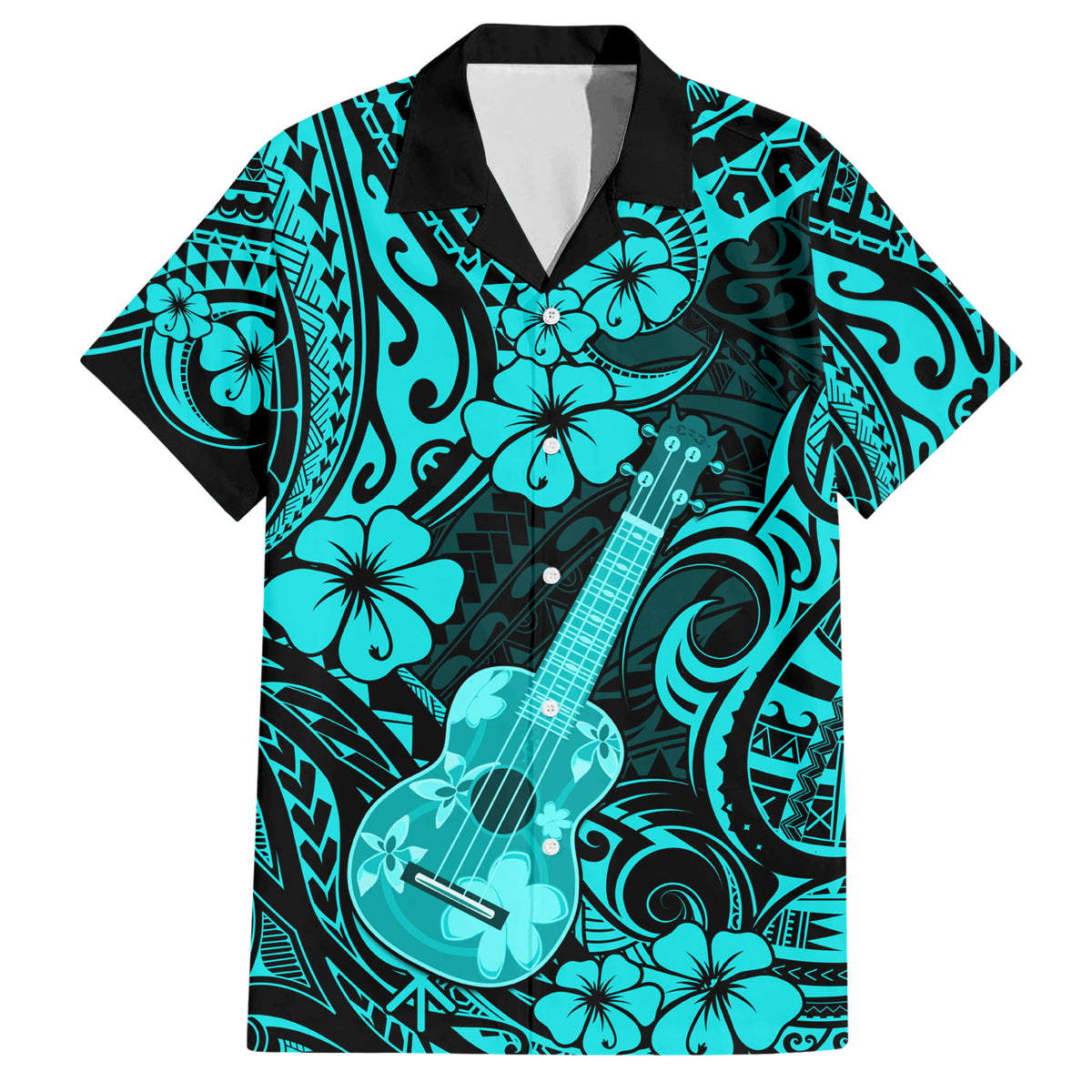Hawaii Ukulele Family Matching Short Sleeve Bodycon Dress and Hawaiian Shirt Polynesian Pattern Turquoise Version LT01 Dad's Shirt - Short Sleeve Turquoise - Polynesian Pride