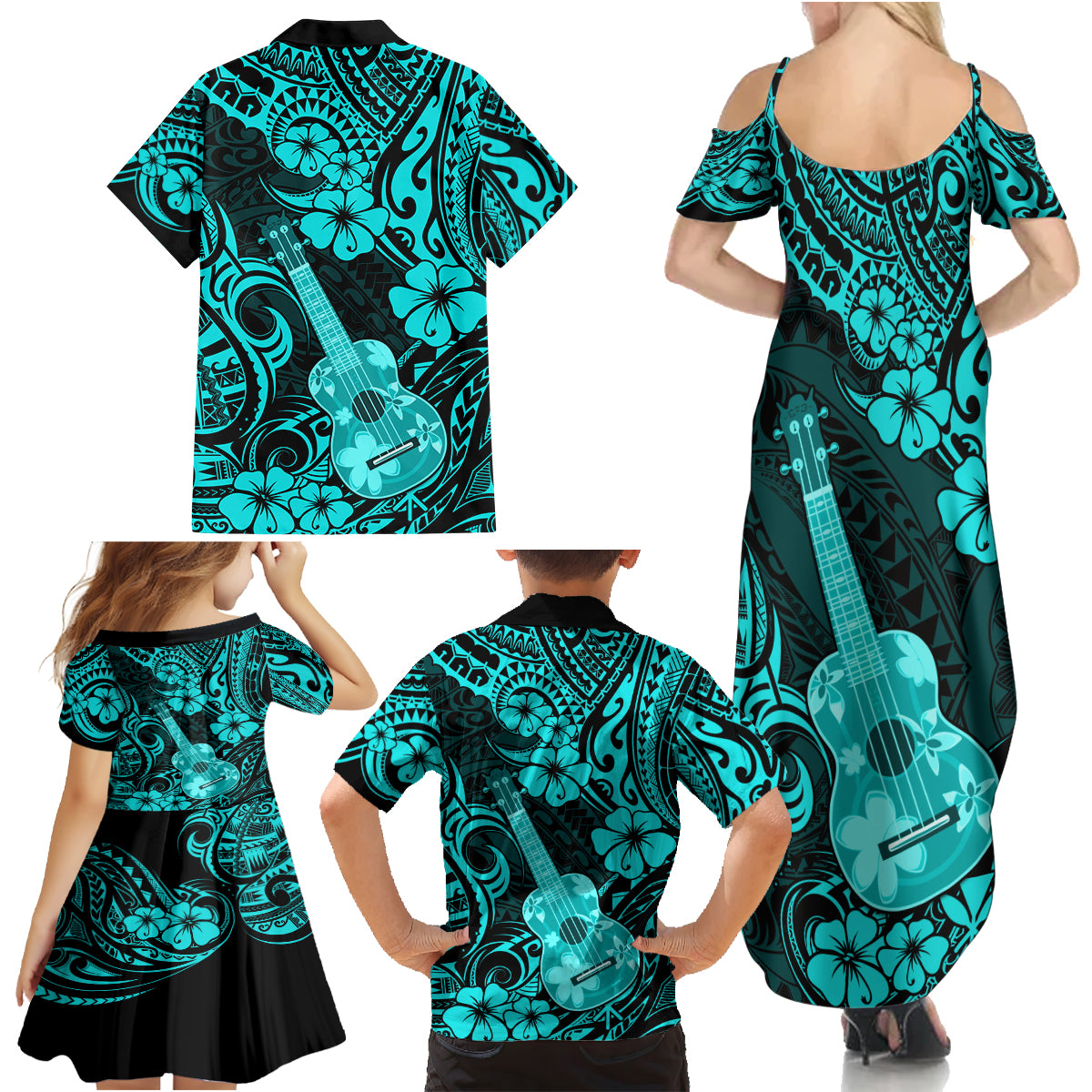Hawaii Ukulele Family Matching Summer Maxi Dress and Hawaiian Shirt Polynesian Pattern Turquoise Version LT01 - Polynesian Pride