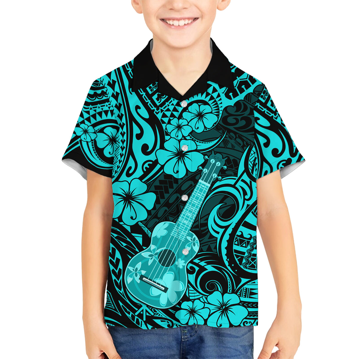 Hawaii Ukulele Family Matching Summer Maxi Dress and Hawaiian Shirt Polynesian Pattern Turquoise Version LT01 Son's Shirt Turquoise - Polynesian Pride