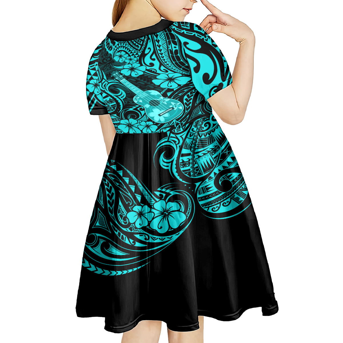 Hawaii Ukulele Kid Short Sleeve Dress Polynesian Pattern Turquoise Version LT01 - Polynesian Pride