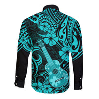 Hawaii Ukulele Long Sleeve Button Shirt Polynesian Pattern Turquoise Version LT01 - Polynesian Pride