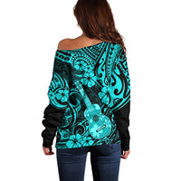 Hawaii Ukulele Off Shoulder Sweater Polynesian Pattern Turquoise Version LT01 - Polynesian Pride