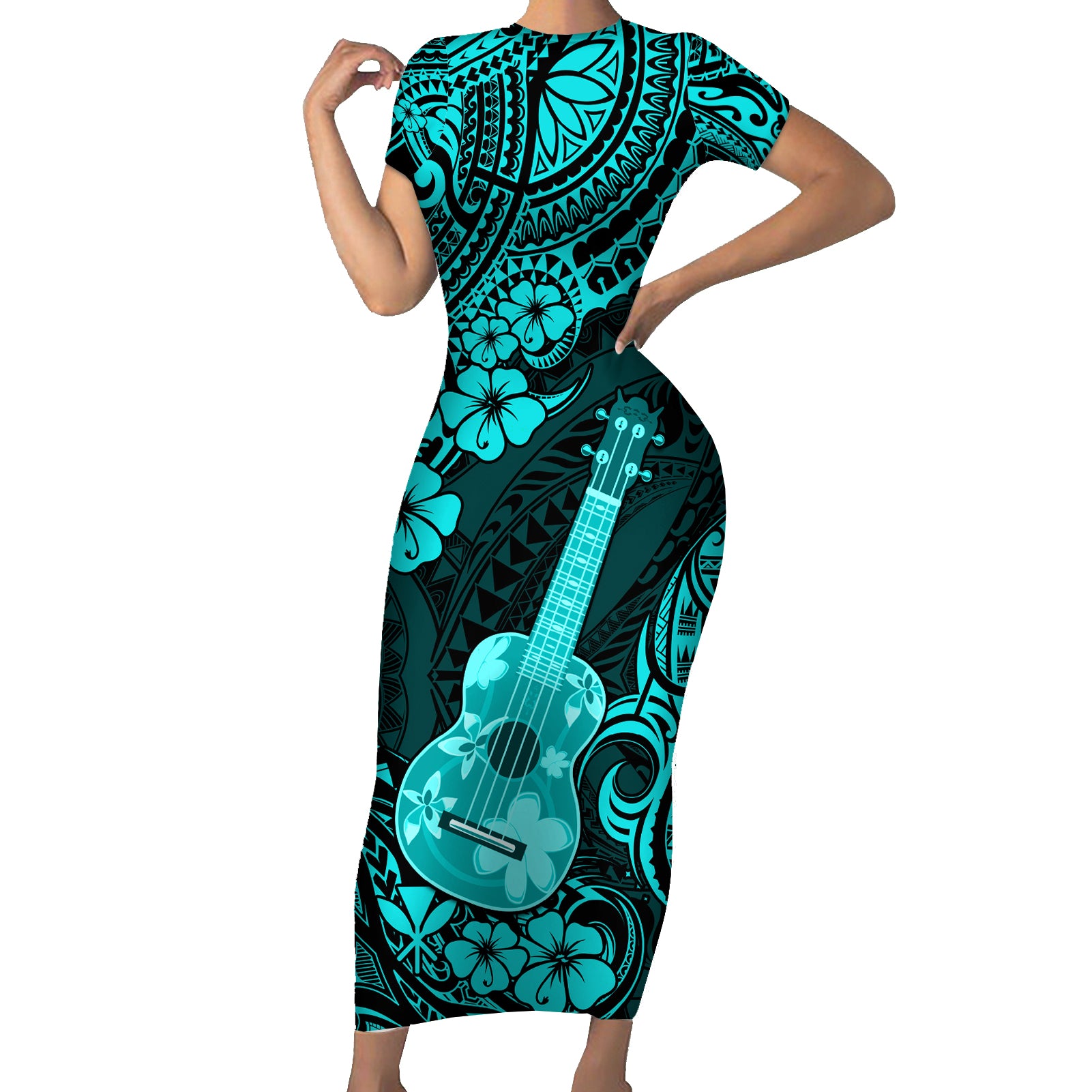 Hawaii Ukulele Short Sleeve Bodycon Dress Polynesian Pattern Turquoise Version LT01 Long Dress Turquoise - Polynesian Pride