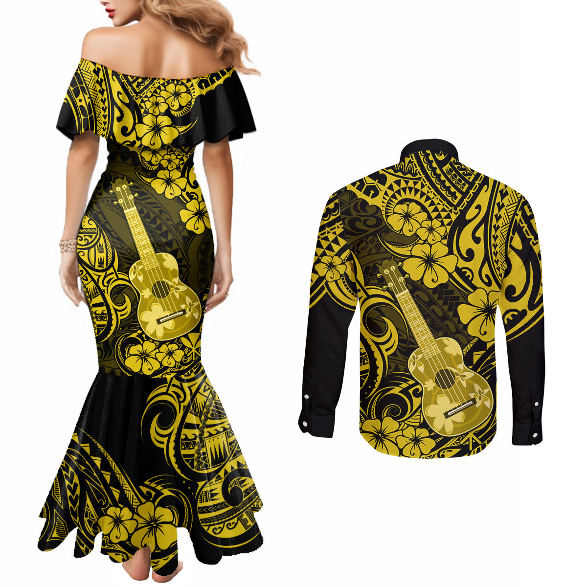 Hawaii Ukulele Couples Matching Mermaid Dress and Long Sleeve Button Shirts Polynesian Pattern Yellow Version LT01 - Polynesian Pride
