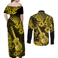 Hawaii Ukulele Couples Matching Off Shoulder Maxi Dress and Long Sleeve Button Shirts Polynesian Pattern Yellow Version LT01 - Polynesian Pride