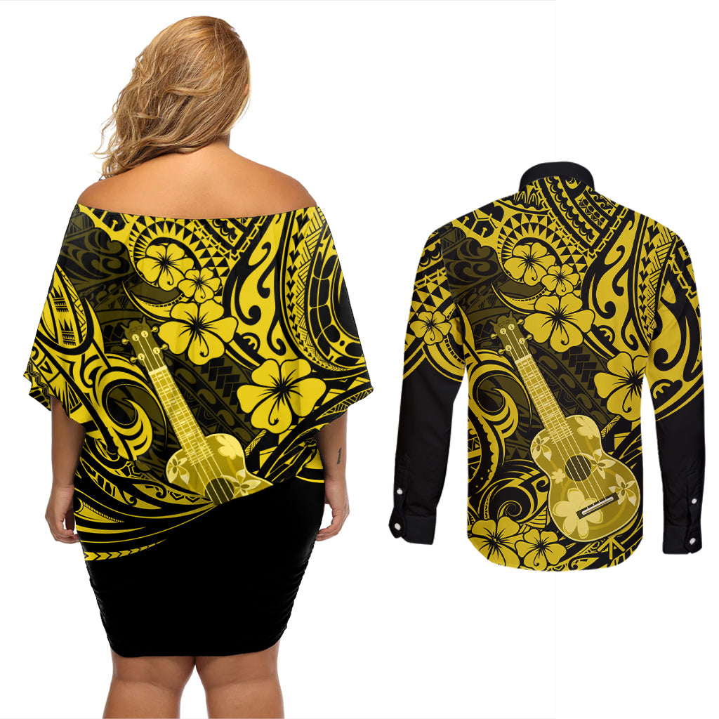 Hawaii Ukulele Couples Matching Off Shoulder Short Dress and Long Sleeve Button Shirts Polynesian Pattern Yellow Version LT01 - Polynesian Pride