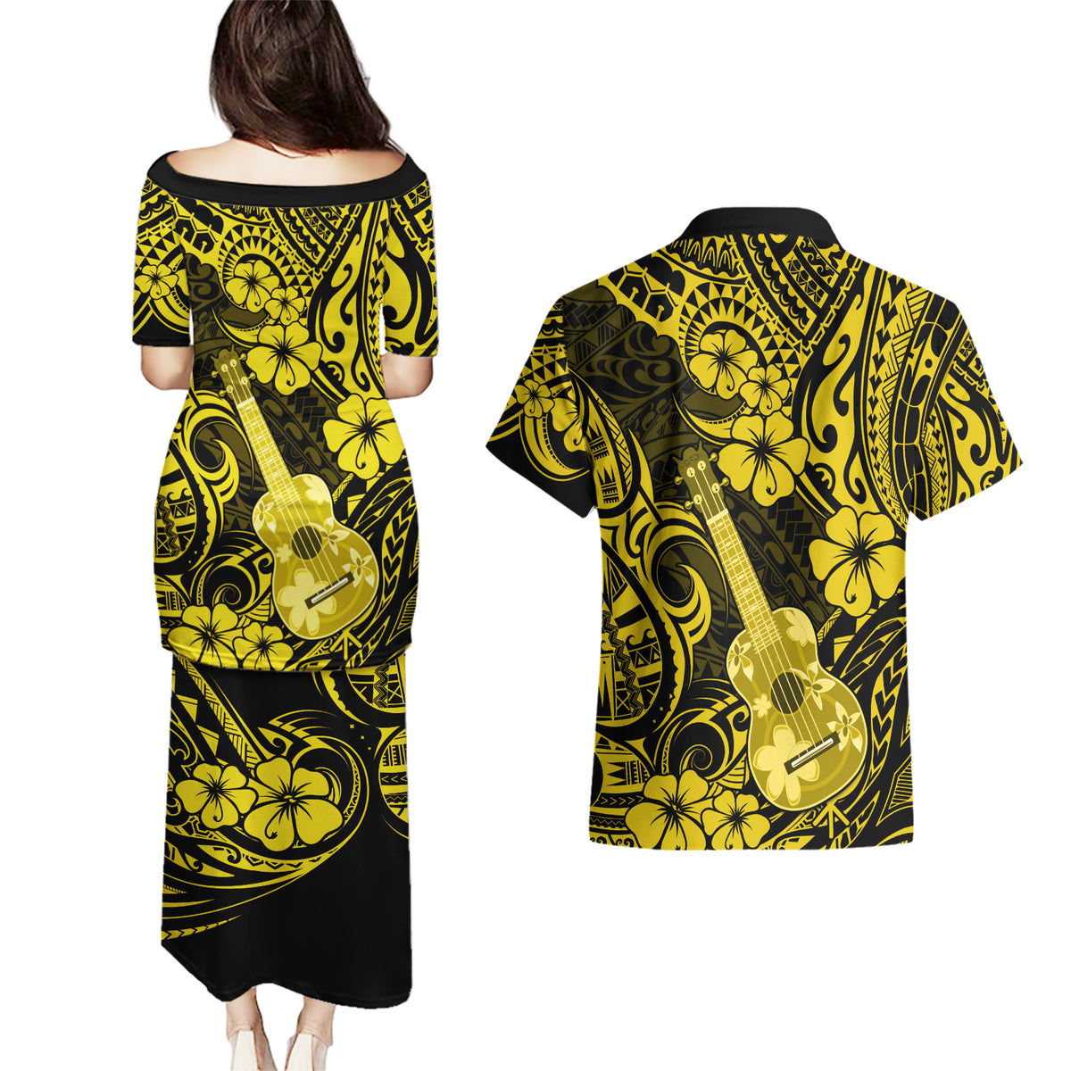 Hawaii Ukulele Couples Matching Puletasi Dress and Hawaiian Shirt Polynesian Pattern Yellow Version LT01 - Polynesian Pride