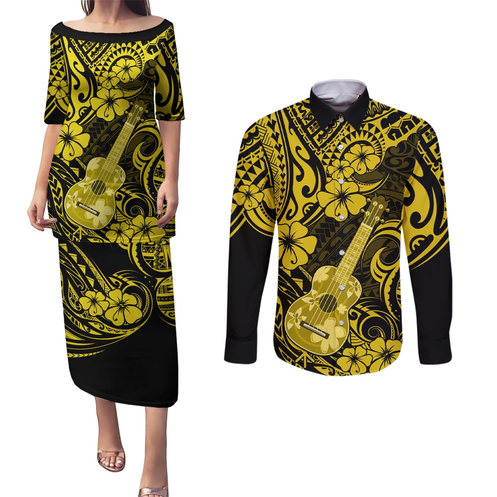 Hawaii Ukulele Couples Matching Puletasi Dress and Long Sleeve Button Shirts Polynesian Pattern Yellow Version LT01 Yellow - Polynesian Pride